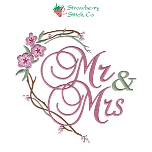 Mr and Mrs, Embroidery Design, Personalized Wedding, Wedding Floral, Machine Embroidery, Cherry Blossom, Digitized Design