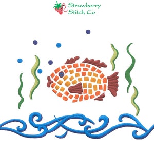 May include: An orange and brown mosaic fish with a blue eye swims above blue waves. Green seaweed grows on either side of the fish. The text "Strawberry Stitch Co." is in the upper right corner of the image.