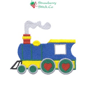 May include: A blue and yellow toy train with red hearts on the wheels. The train has a white smoke stack and a red chimney.