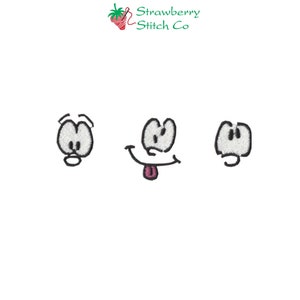 May include: Three cartoon faces with different expressions. The first face has wide eyes and a surprised expression. The second face has a wide smile and a tongue sticking out. The third face has a neutral expression with a small frown.