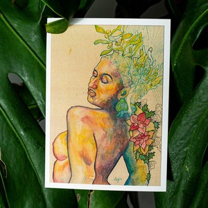 Boho Plant lady pintura postal / Hecho a mano, dibujo, romántico, mujer, cuerpo, obra de arte, planta, dama, hermosa, tarjetas postales / conjunto de tarjetas postales