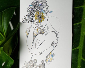 donna schizzo retro cartolina floreale / fatto a mano, botanico, opera d'arte, natura, pianta, signora, carino, stampa, vintage, cartoline postali / set di cartoline