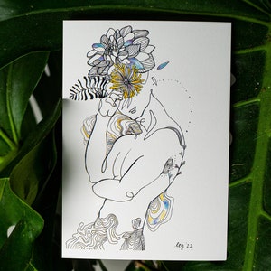 Mujer Boceto Retro Flor Postal / Hecho a mano, Botánico, Obra de arte, Naturaleza, Planta, Dama, Lindo, Impresión, Vintage, Tarjetas postales / Conjunto de tarjetas postales