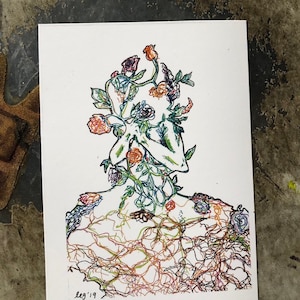 Mooie bloemenkoningin in bloemvorm | Handgemaakt, tekenen, artwork, mis je, liefde, schattig, meisje, cadeau, postkaarten | ansichtkaart printset