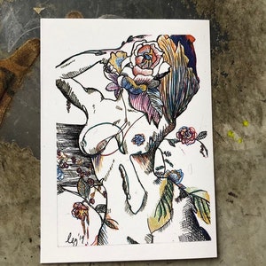cartolina floreale a forma di donna / Bella, fatta a mano, fiore, amore, antico, romantico, colorato, rosa, arte, signora, incorniciabile, regalo, cartolina postale