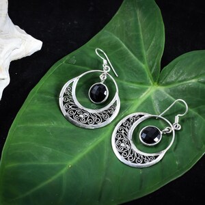 Precious Black Onyx boho Earrings, Gemstone Earrings, Black Hoop Earrings, 925 Sterling Silver Jewelry, Wedding Gift, Earrings For Sister