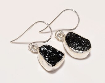 Natural Black Tourmaline earrings, 925 sterling silver jewellery,Rough Stone handmade jewellery,Christmas gift,Valentine's Day gift