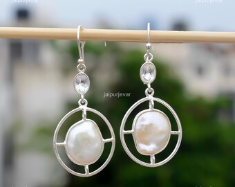 Sterling Silver Pearl Drop Earrings: White Crystal Quartz Jewelry