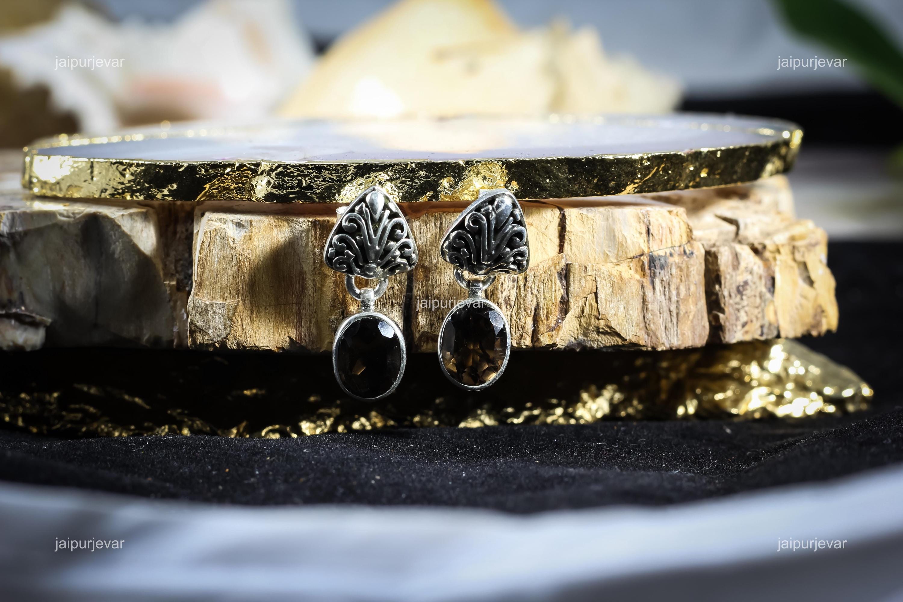 Orecchini Pendenti In Argento Sterling 925 Con Quarzo Fumé Cabochon Marrone, Anallergici, Lunghezza 2.5 Cm