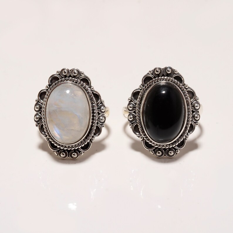 Vintage Black Onyx Ring Moonstone Ring,925 Sterling Silver Ring,Filigree /& Statment Ring,Christmas gift,Valentine Day gift,Anniversery Ring