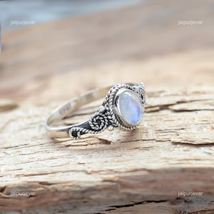 9mm Natural Moonstone Ring - White Gold Plated 925 Sterling Silver Filigree Swirl Ring Size 8