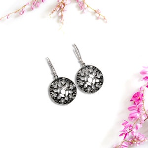 Vintage Oxidized Silver Earrings, 925 Sterling Silver Earrings, Round Disc Victorian Earrings, Christmas gift,Valentine&#39;s Day gift