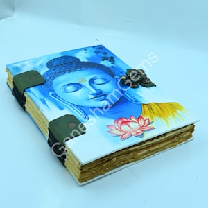 Diario in pelle vintage - Chiusura a lucchetto, Libro delle ombre, Grimorio, Quaderno degli incantesimi, Carta antica con bordo frastagliato e motivo Buddha