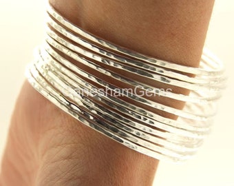 7 Set Sterling Silver Bangles Bracelet, Thin 925 Solid Bracelet, Set Of Six + One Stacked Handmade Bracelet Free Ship