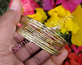 Set of 6 Solid Brass Bangles, 14k Gold Plated Wide Design Stacking Bangles