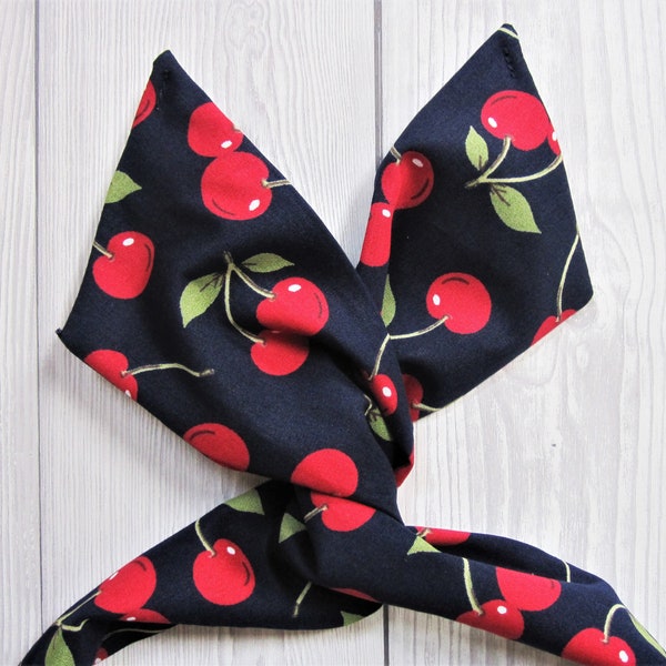 Cherry Print Wire Headband Cotton Navy Hair Wrap Knot Necktie Rockabilly Retro Ladies Accessory