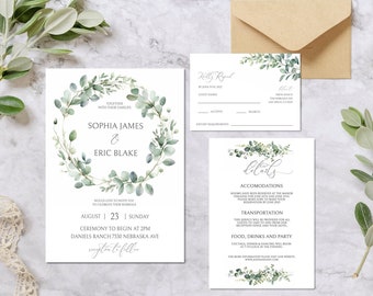 Editable Sage Green Wedding Invitation Template, Printable Sage Boho Wedding Bundle, Elegant Eucalyptus Details Card, RSVP card, Thank you