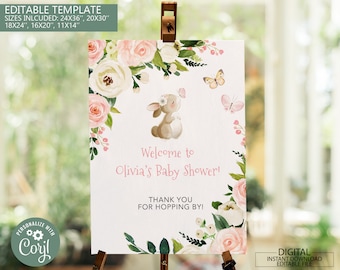 Signo de bienvenida de conejito editable, signo de bienvenida de conejito imprimible del primer cumpleaños, cartel de bienvenida de baby shower floral, signo de bienvenida de conejito rosa rubor