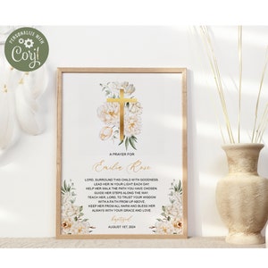 Editable Floral Baptism print, Personalized Baptism Prayer, Custom name baptism, Baptism Gift Girl, Nursery Wall Art, Godchild Baptism Sign