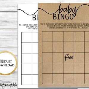 Bingo del bebé imprimible, Bingo juego de ducha del bebé, tarjetas de ducha del bebé, juego rústico de la ducha del bebé, descarga instantánea, kraft papel bebé juego de ducha