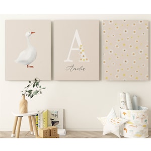 Custom Goose Nursery Prints, Neutral Set of 3 Prints, Pastel nursery Wall Art, Silly Goose Personalized Art, Custom Daisy Name Initial