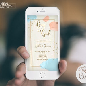 Editable Boy Or Girl Pregnancy Reveal Invitation, Neutral Gender Reveal Electronic Invite, He Or She Reveal Party, Pink Blue Watercolor