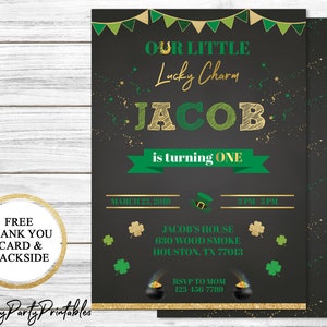 St. Patrick's Day eerste verjaardagsuitnodiging, Leprechaun verjaardag uitnodiging, gelukkig een verjaardag uit te nodigen, Lucky Charm verjaardagsuitnodiging
