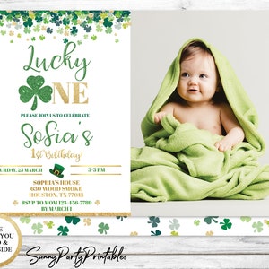 Lucky One Geburtstagseinladung mit Foto, St. Patrick es Day Einladung zum ersten Geburtstag, Leprechaun Geburtstagseinladung, Lucky One Einladung