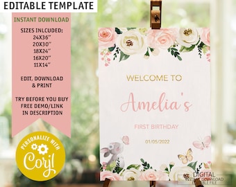 Signo de bienvenida editable primer cumpleaños imprimible conejito signo de bienvenida floral baby shower cartel de bienvenida Blush Pink & Gold Descarga instantánea