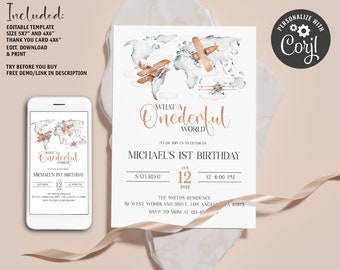 Editable Onederful 1st Birthday Invitation Template, ONE derful First Birthday, Airplane Birthday Party Invite, Adventure Birthday Invite