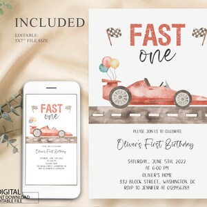 Bearbeitbare Fast One Geburtstagseinladung druckbar, erste Geburtstagseinladung, Fast One Red Race Car Geburtstagseinladung, Vintage Race Car Party