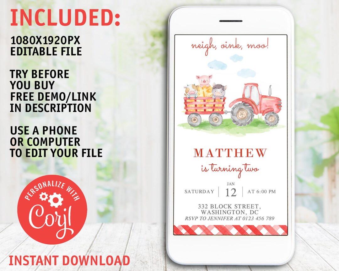 Editable Farm Boy Birthday Party Invitation Digital Birthday Tractor ...
