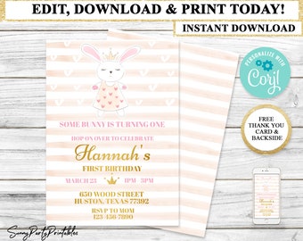 Instant Download Template, Editable Bunny Birthday Invitation, Some Bunny Is Turning One, Girl Easter Birthday Invite, Spring Invite Girl
