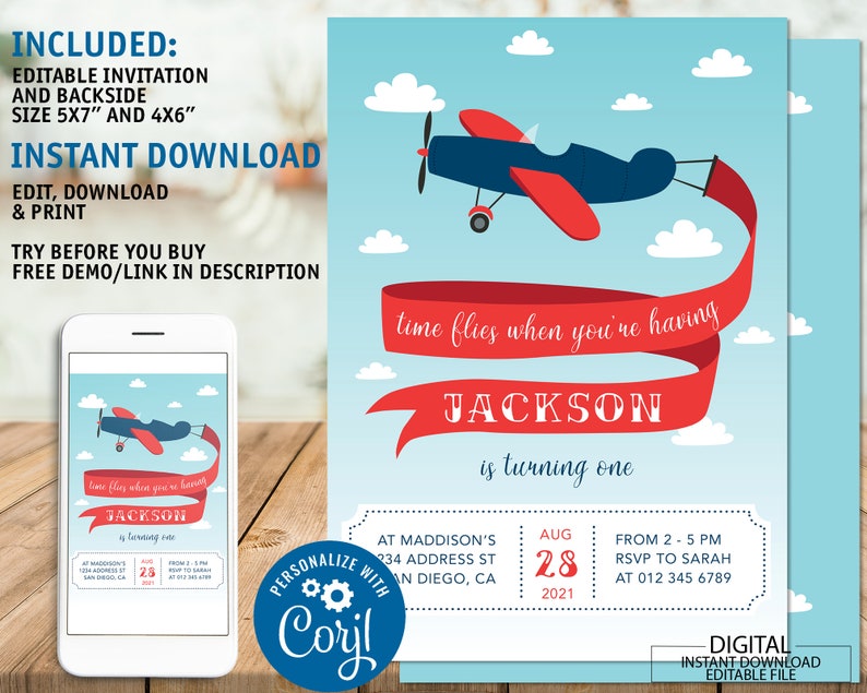 Editable Aviator Birthday Party Invite Printable Airplane Birthday Party Boy Party Digital Time Flies When you are Having Fun