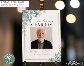 Editable Greenery Leaves Funeral Welcome Sign, Memorial Funeral Sign, Printable Eucalyptus Welcome Sign, In loving Memory Funeral Sign