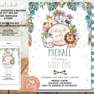 Editable Safari Animals Birthday Invitation Jungle Animals Birthday Party Printable Wild One Birthday Invite Greenery Instant Download