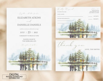 Editable Mountain Wedding Invitation Template Set, Forest Pine Wedding Invite Bundle, Rustic Wedding Invite, Printable Wedding Invitation