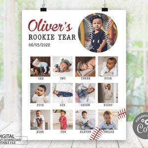 Editable First Birthday Rookie Sign, Photo Birthday Poster, One Year Photo Baby Milestone Board, Printable Baseball Rookie of the Year Sign
