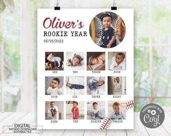 Editable First Birthday Rookie Sign, Photo Birthday Poster, One Year Photo Baby Milestone Board, Printable Baseball Rookie of the Year Sign