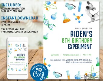 Science Birthday Invitation, Chemistry Experiment Party (Digital Download)