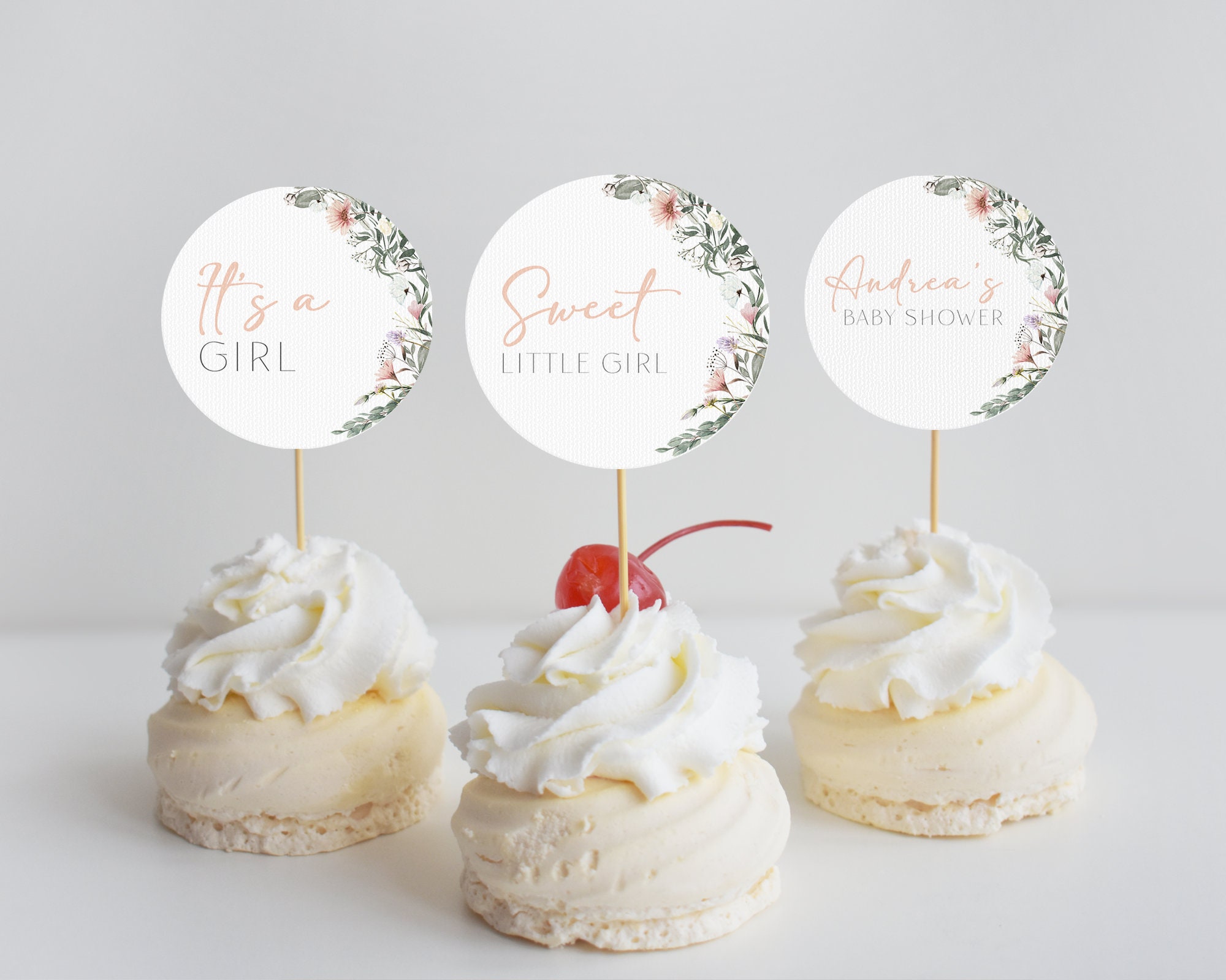 Editable Floral Baby Shower Cupcake Toppers instant Download Wildflower Baby Shower Brunch Bohemian Baby Party Printable
