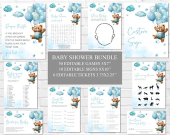 Editable Bear Balloon Baby Shower Games Bundle, We Can Bearly Wait Baby Shower Games, Boho Bear Baby Shower Games Pack, Baby Shower Sign