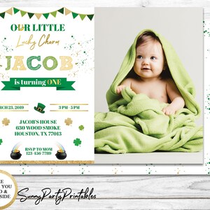 St. Patrick's Day Eerste verjaardagsuitnodiging met foto, kabouter verjaardagsuitnodiging, Lucky One verjaardagsuitnodiging, Lucky Charm-uitnodiging