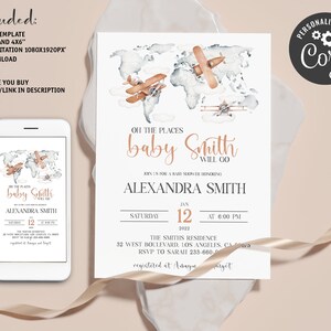 Invito per baby shower da viaggio modificabile, L'avventura attende Invito per baby shower stampabile, Oh i posti in cui andrai, Festa per baby shower in aereo