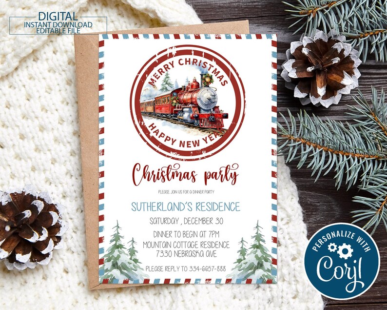 Editable Polar Express Invitation, Holiday Dinner Invite Printable, Christmas Vintage Invitation ...