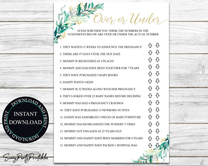 Over or Under Baby Shower Game Printable Baby Shower Game Etsy