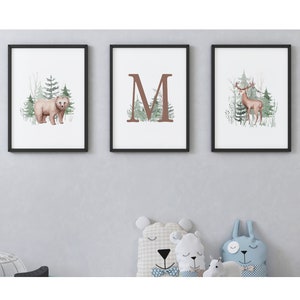 Impresiones personalizadas de vivero de bosques, Impresión digital de animales salvajes, Arte de pared con nombre de vivero de bosque, Impresión personalizada de niño, Signo de nombre personalizado inicial