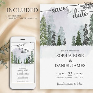 Editable Save The Date Template, Mountain Wedding Template, Save the Date Digital Template, Pine Trees Wedding, Printable Save The Date