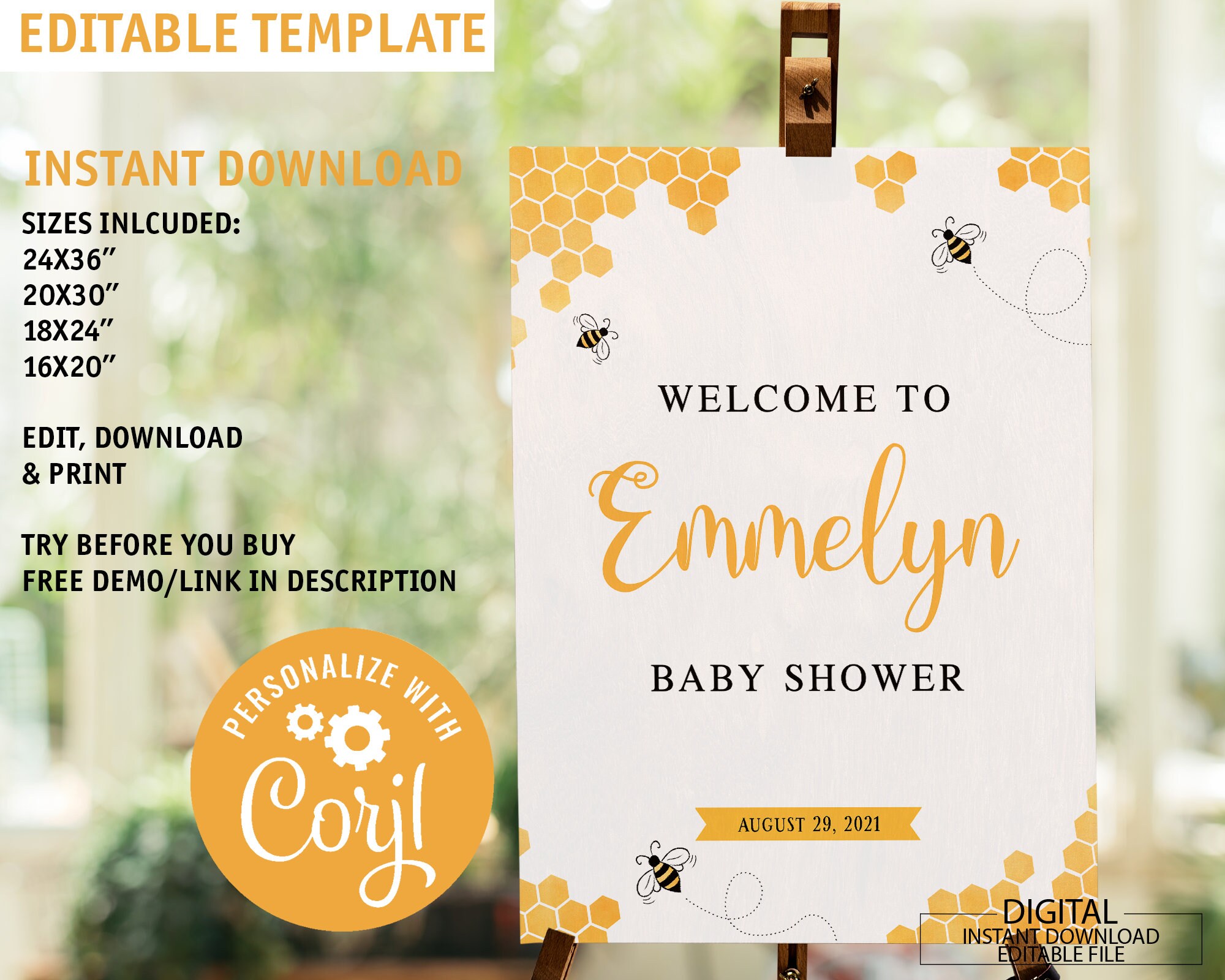 Signo de bienvenida de abeja editable baby shower imprimible panal signo de bienvenida abeja baby shower tablero de bienvenida descarga instantánea decoración de baby shower