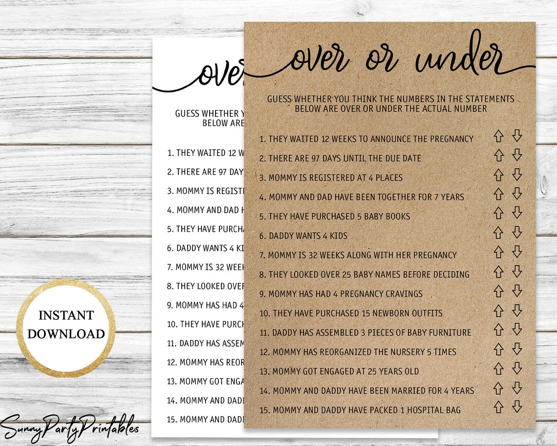 Over or Under Baby Shower Game Printable, Baby Shower Game Quiz, Rustic
